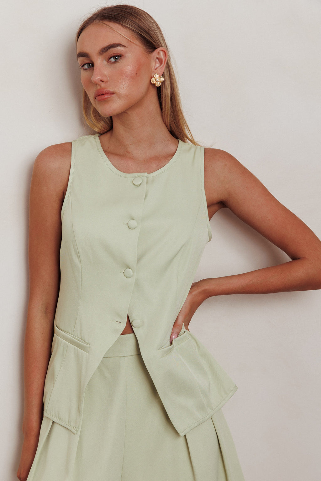 Janna Sleeveless Buttoned Top Sage by Selfie Leslie