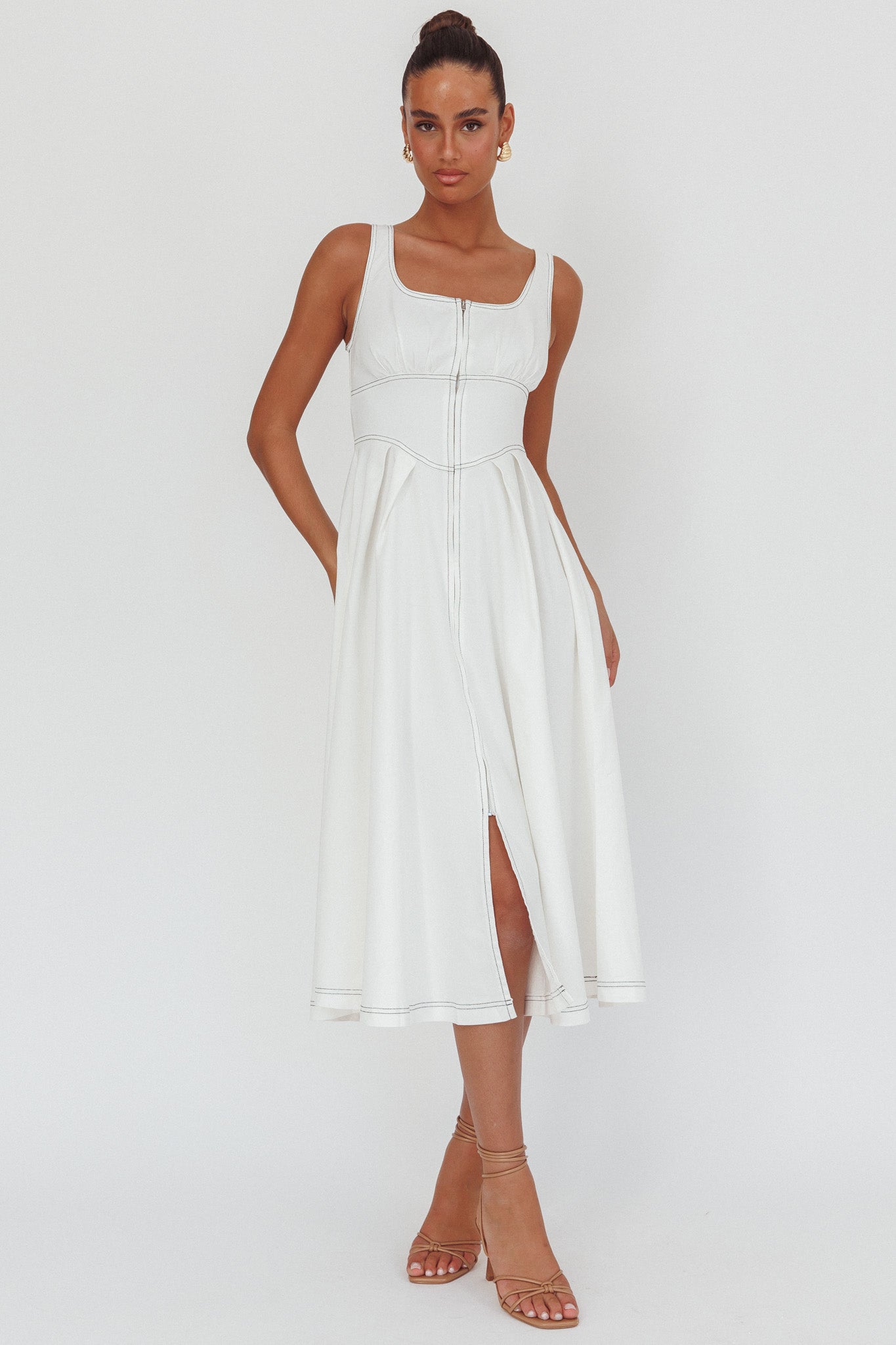 Shop the Leeli Zipper Front Midi Dress White