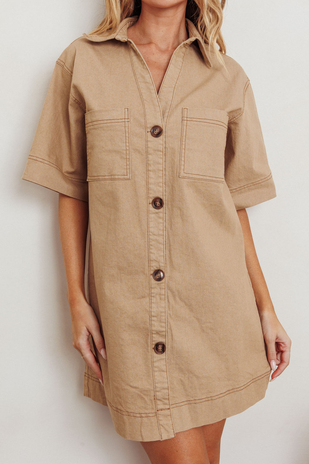 Admiration Contrast Stitching Boxy Mini Dress Beige by Selfie Leslie