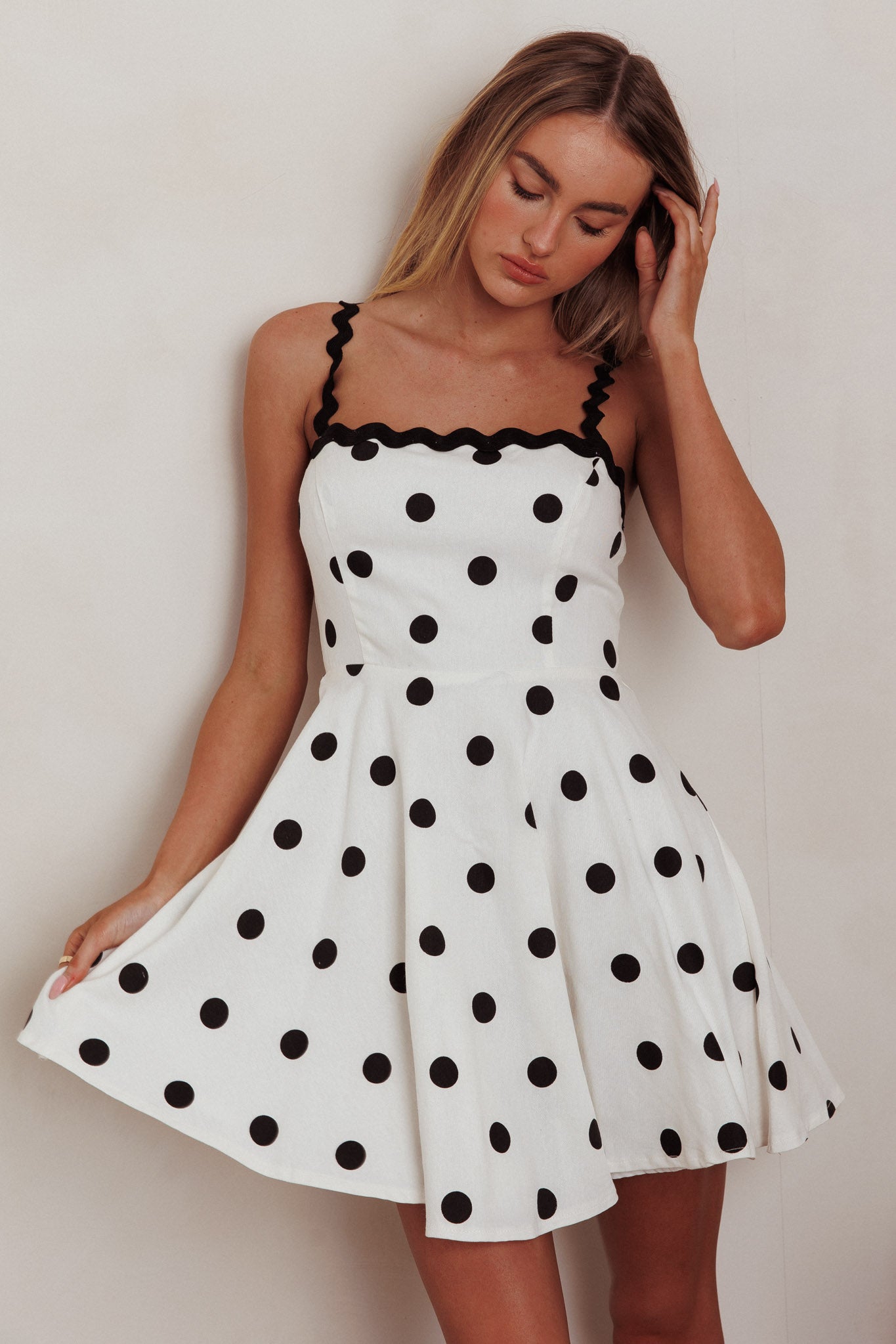 Won Me Over Polka Dot Ric Rac Mini Dress White by Selfie Leslie