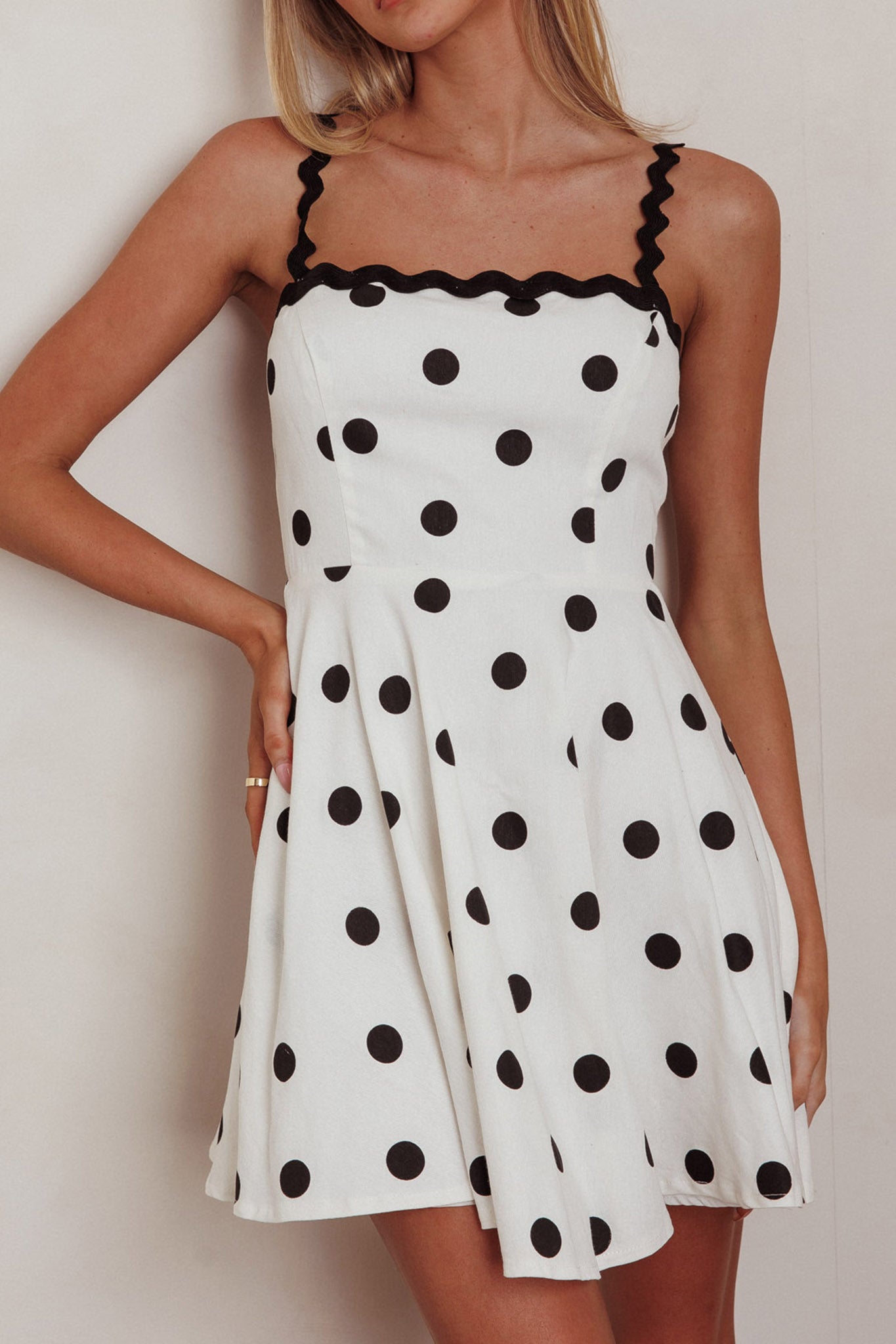 Won Me Over Polka Dot Ric Rac Mini Dress White by Selfie Leslie