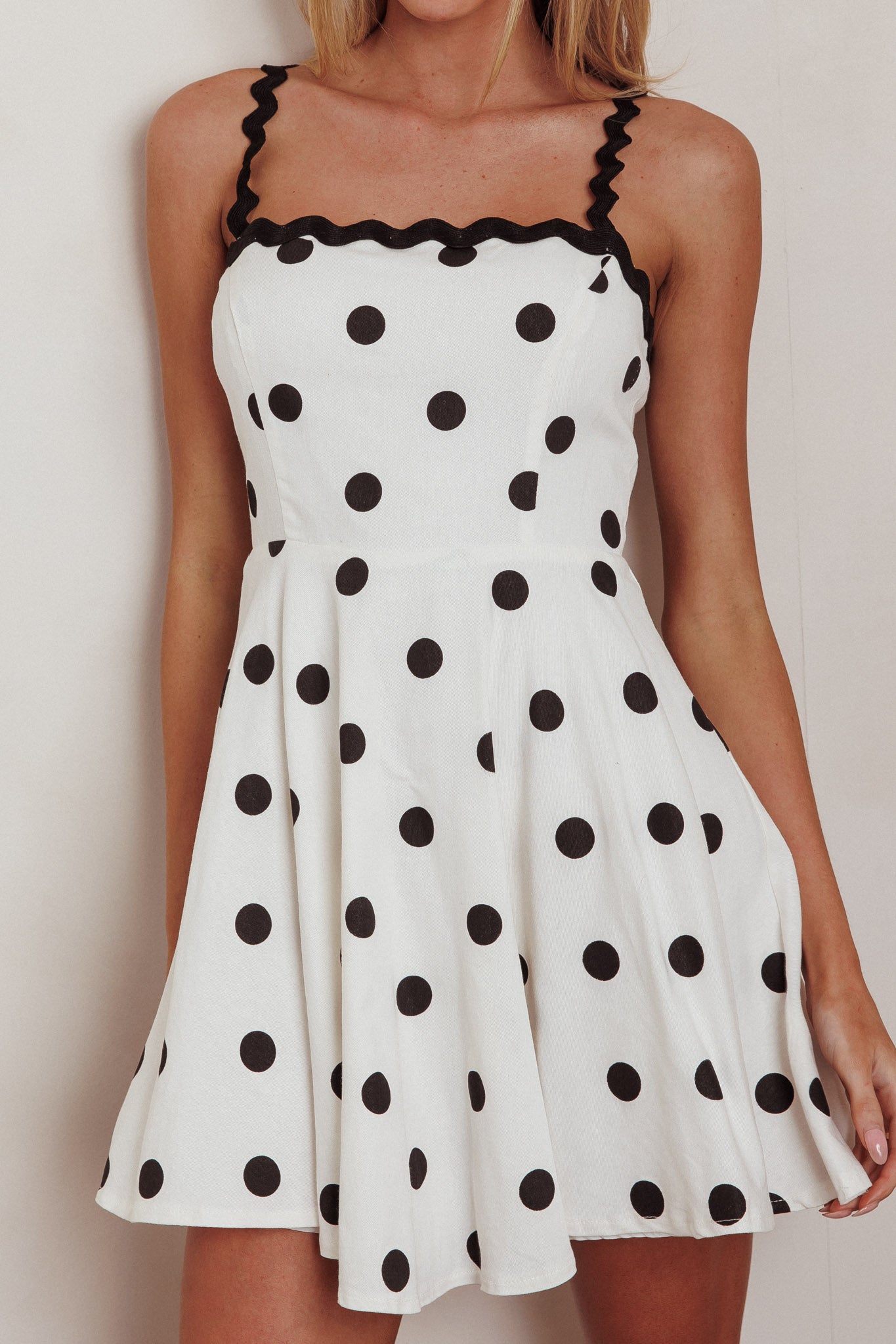 Won Me Over Polka Dot Ric Rac Mini Dress White by Selfie Leslie