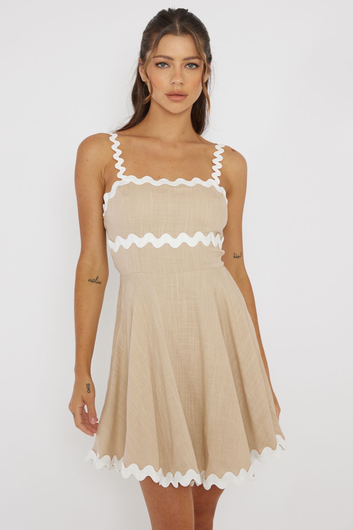 Won Me Over Ric Rac Trim Mini Dress Beige Won Me Over Ric Rac Trim Mini Dress Beige