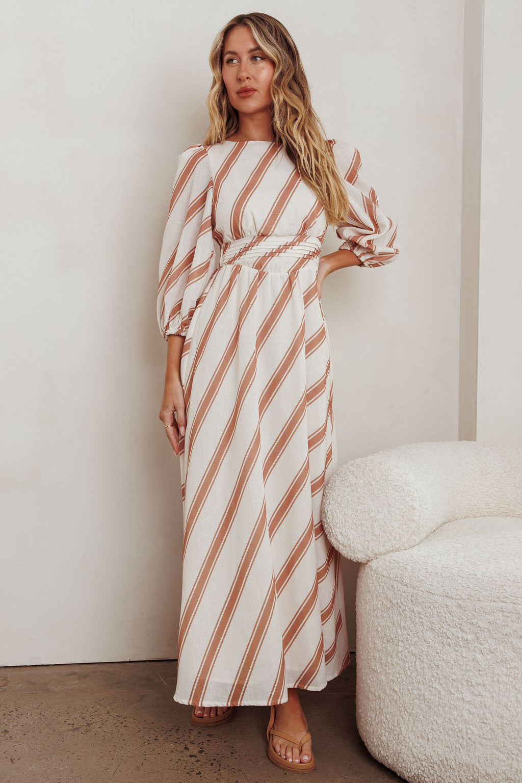 Transcendent Puff Sleeves Striped Maxi Dress Tan by Selfie Leslie