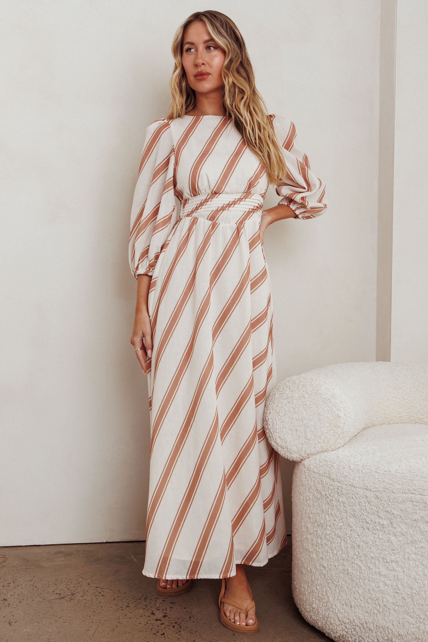Transcendent Puff Sleeves Striped Maxi Dress Tan by Selfie Leslie
