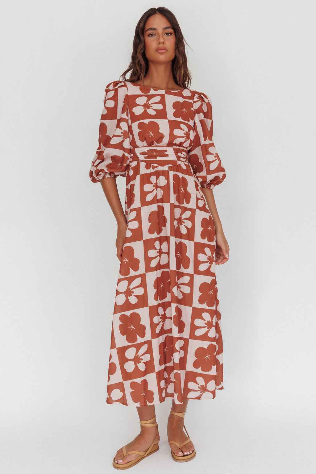 Transcendent Puff Sleeves Maxi Dress Floral Mocha by Selfie Leslie