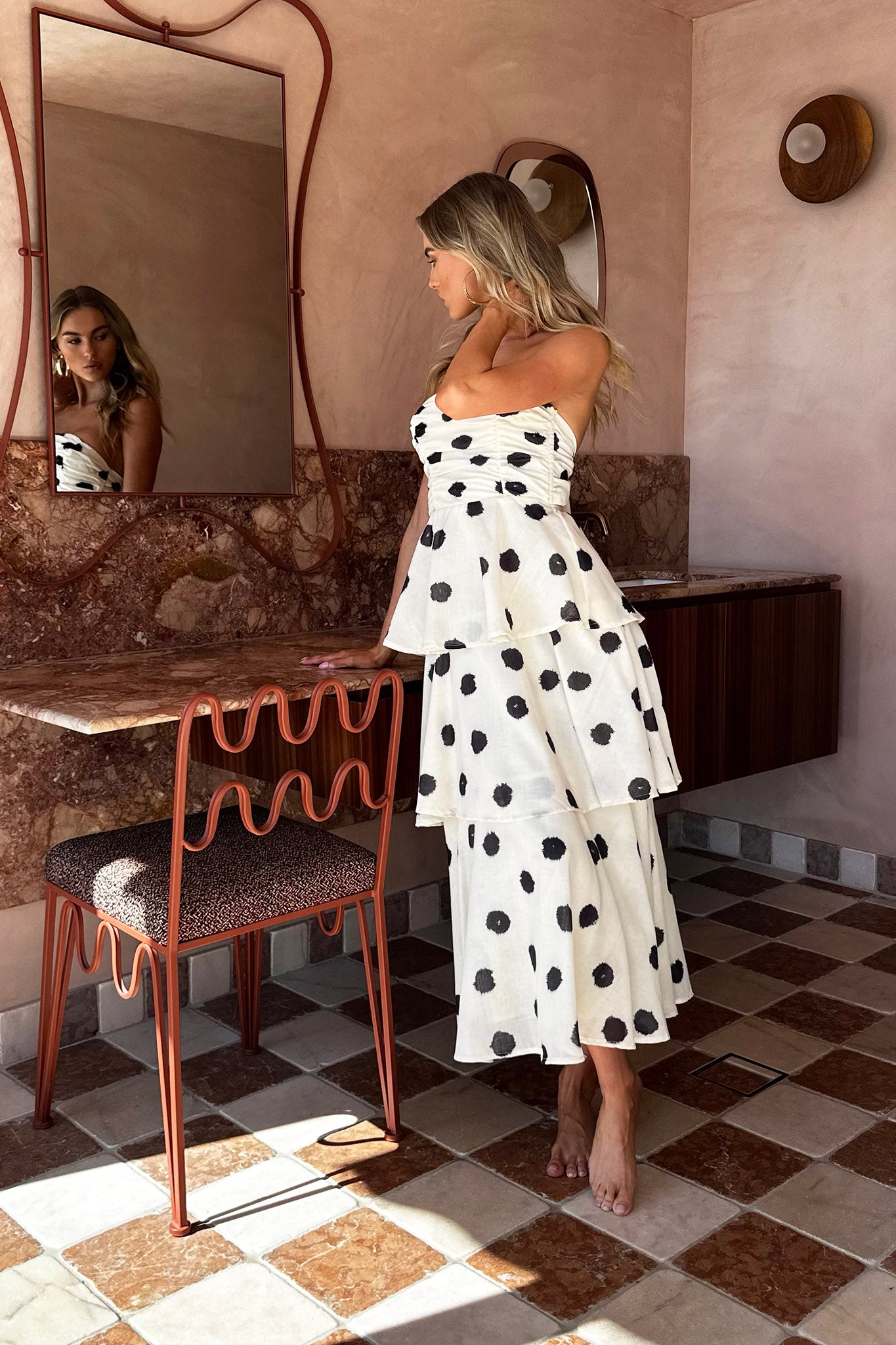 Lorcan Strapless Ruffle Dotted Midi Dress Oat by Selfie Leslie