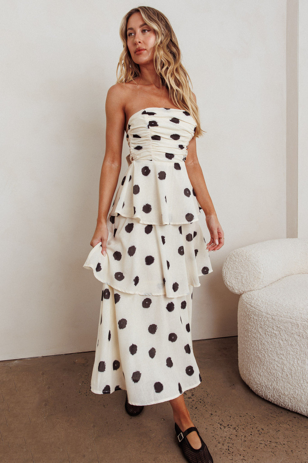 Lorcan Strapless Ruffle Dotted Midi Dress Oat by Selfie Leslie