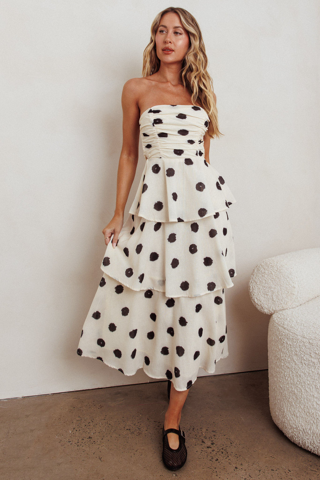 Lorcan Strapless Ruffle Dotted Midi Dress Oat by Selfie Leslie