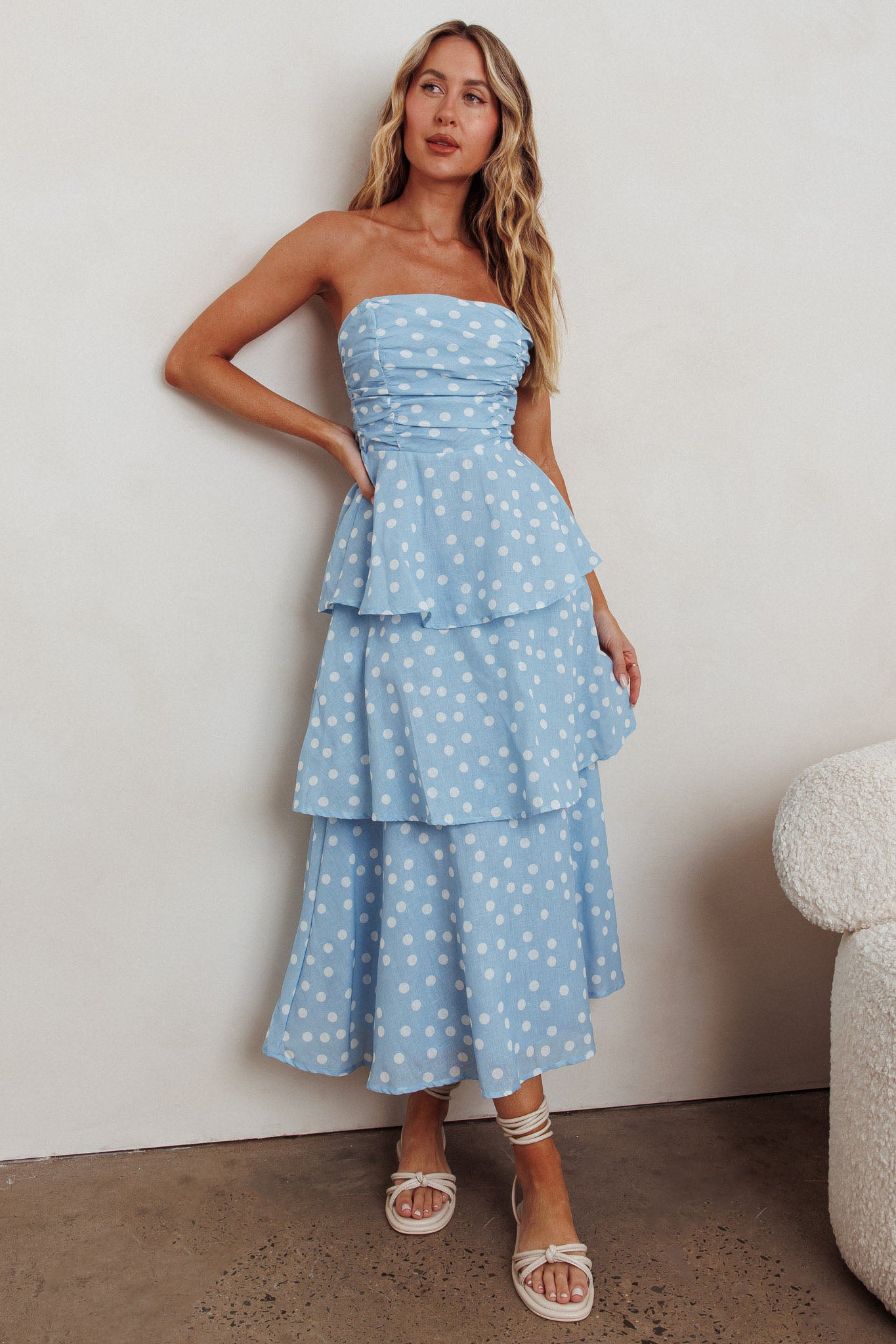 Lorcan Strapless Ruffle Dotted Midi Dress Blue– Selfie Leslie