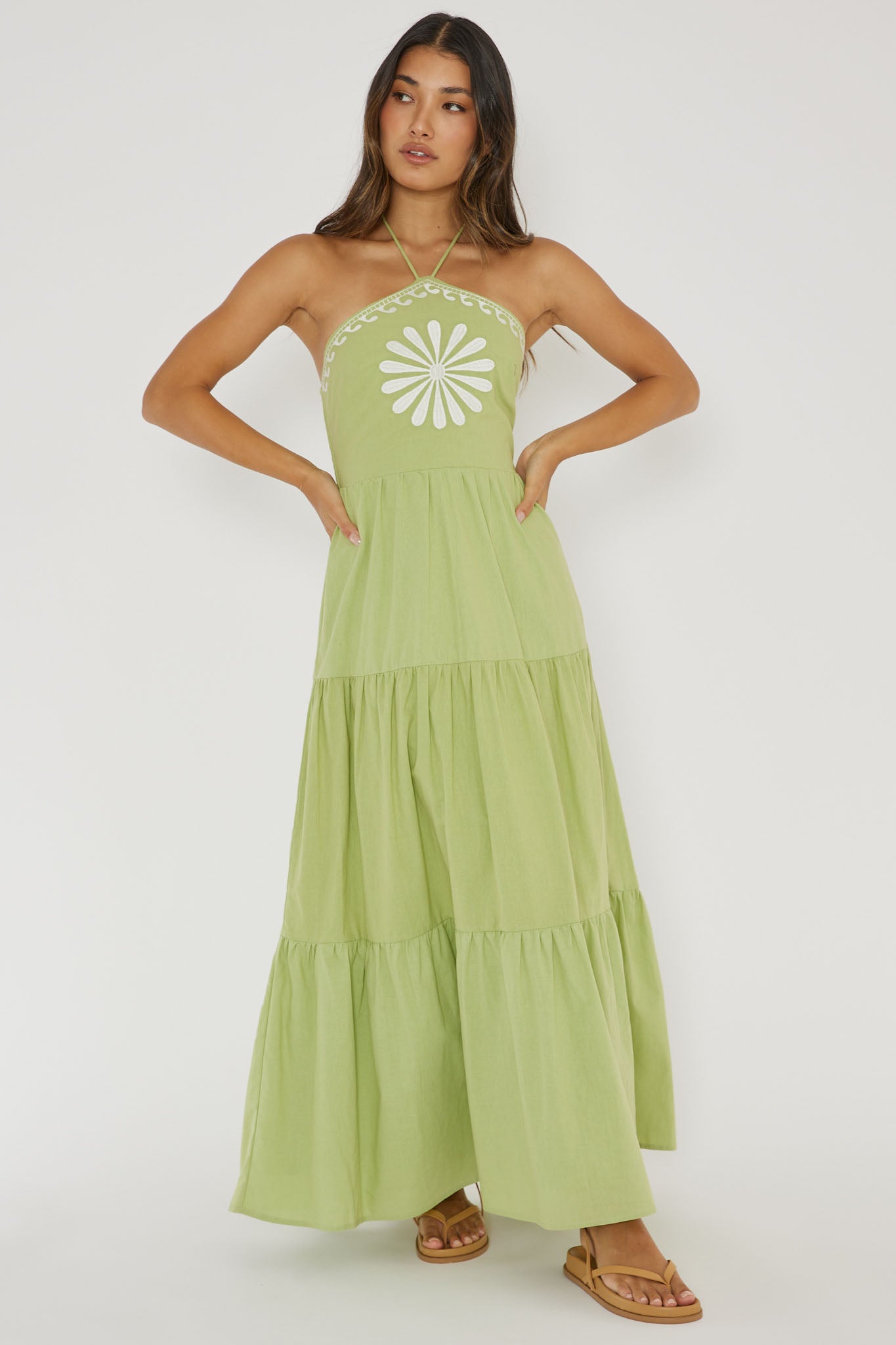 Life Elixir Halterneck Embroidered Maxi Dress Green by Selfie Leslie