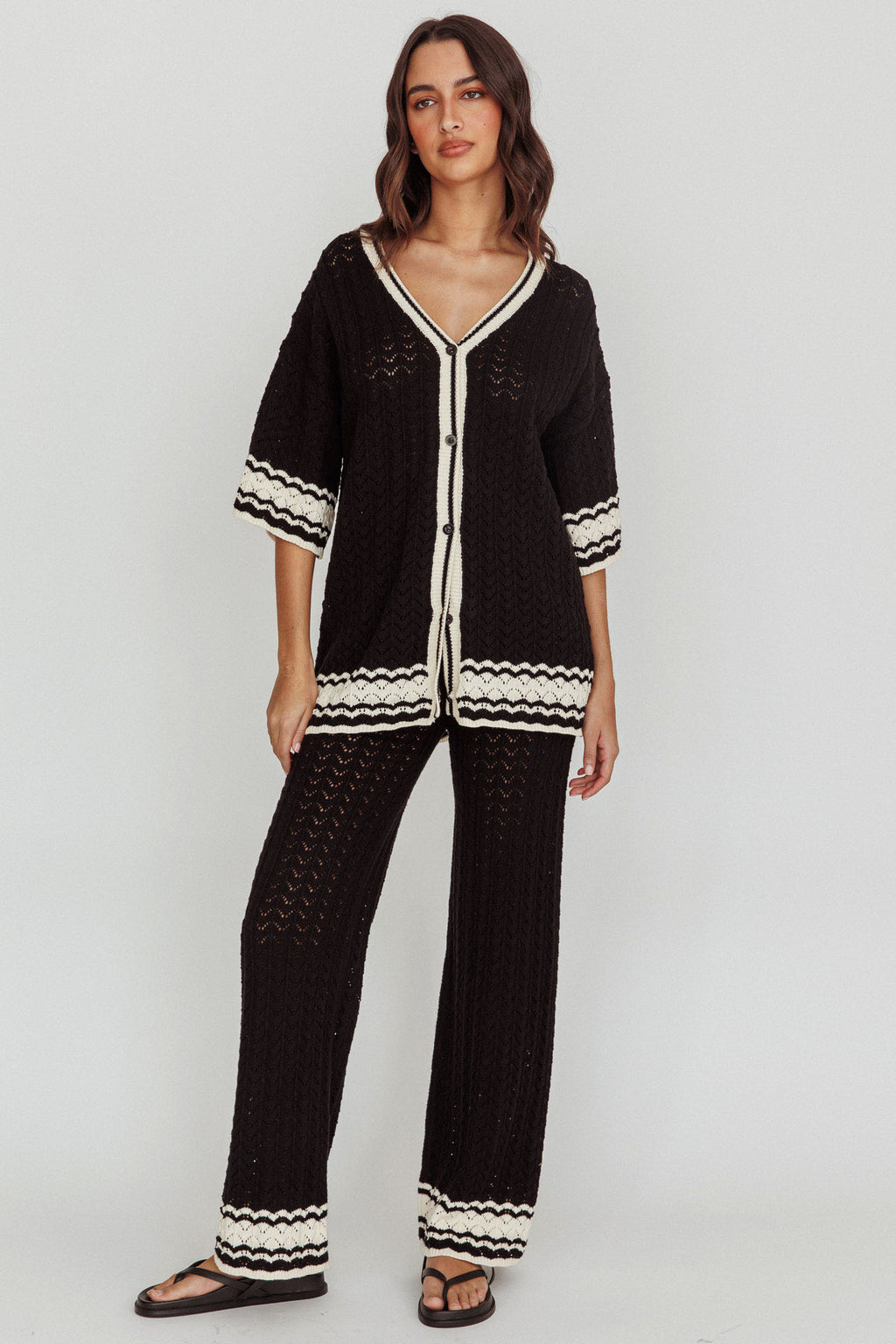 Rhodes Cotton Straight Leg Knit Pants Black by Selfie Leslie