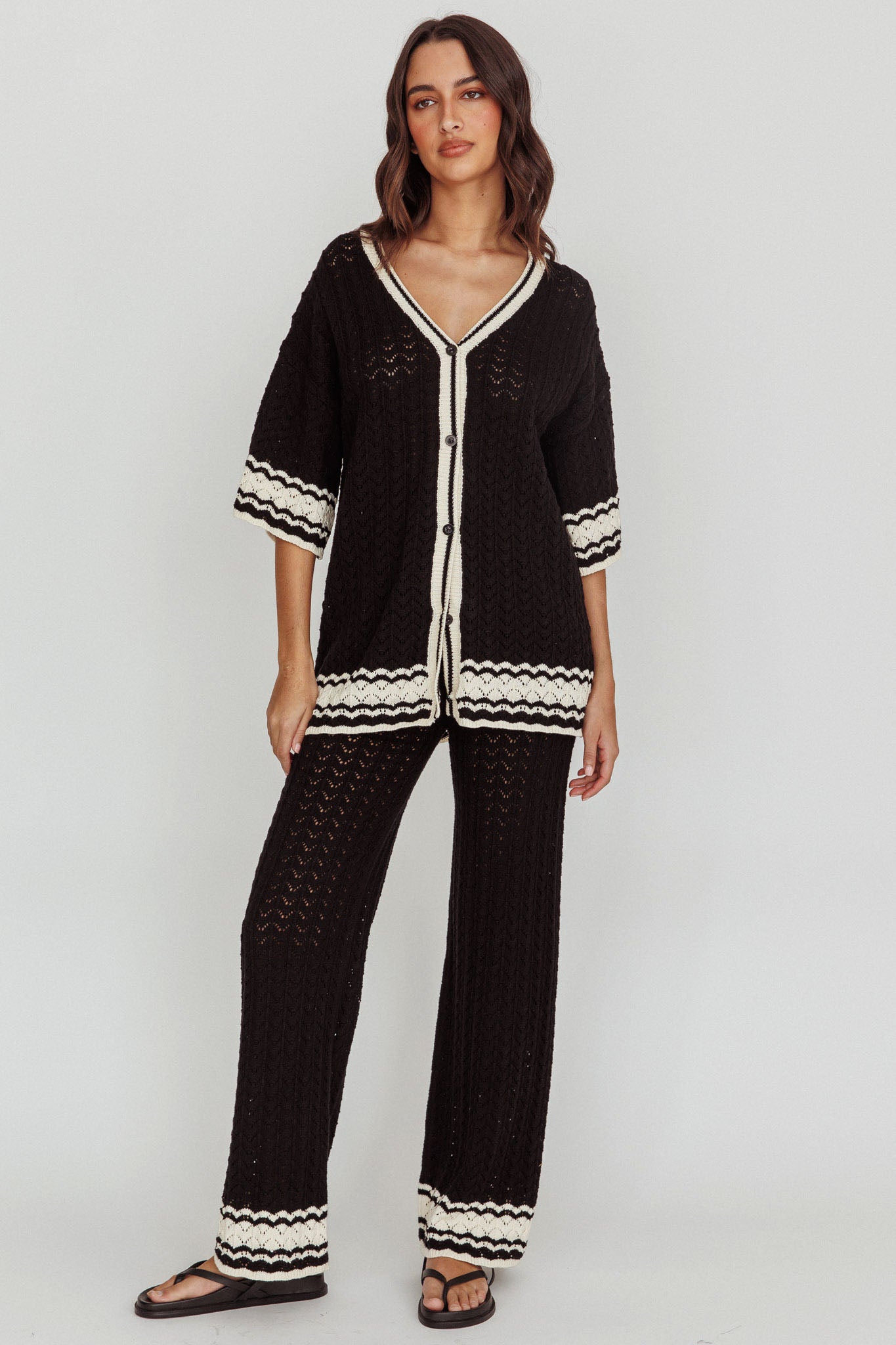 Rhodes Cotton Straight Leg Knit Pants Black by Selfie Leslie