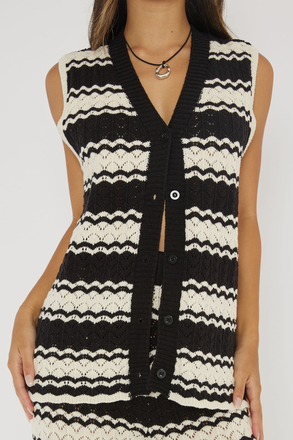 Maysah Button-Up Crochet Top Black/White by Selfie Leslie