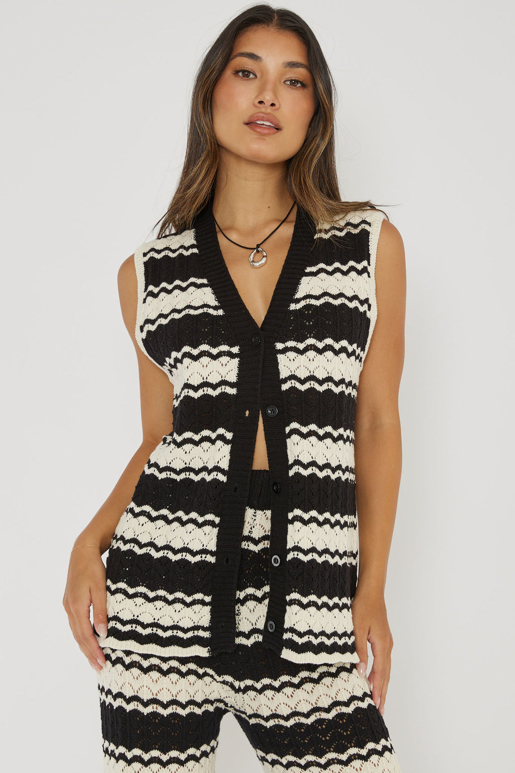 Maysah Button-Up Crochet Top Black/White by Selfie Leslie