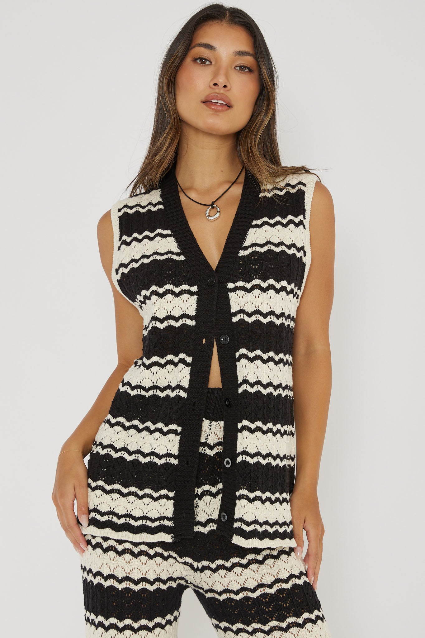 Maysah Button-Up Crochet Top Black/White by Selfie Leslie