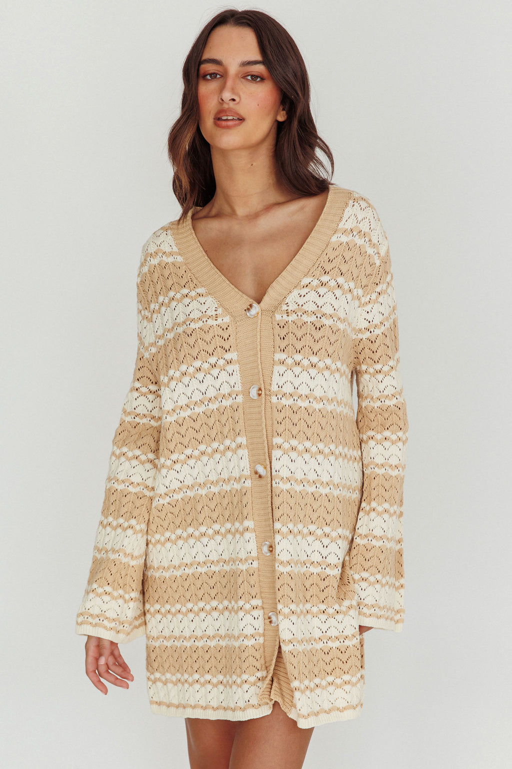 Maysah Button-Up Knit Shirt Dress Nude Ivory by Selfie Leslie