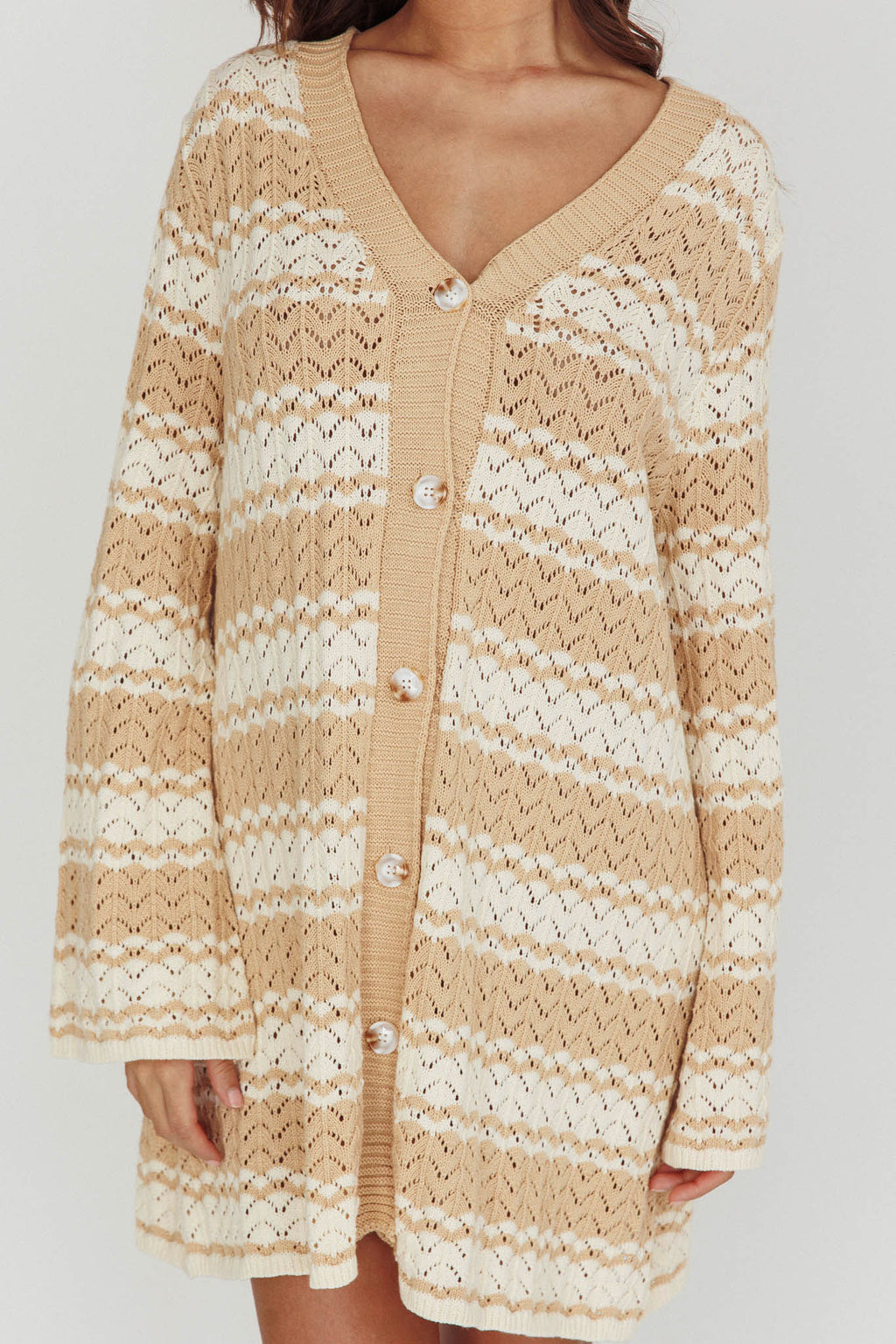 Maysah Button-Up Knit Shirt Dress Nude Ivory by Selfie Leslie