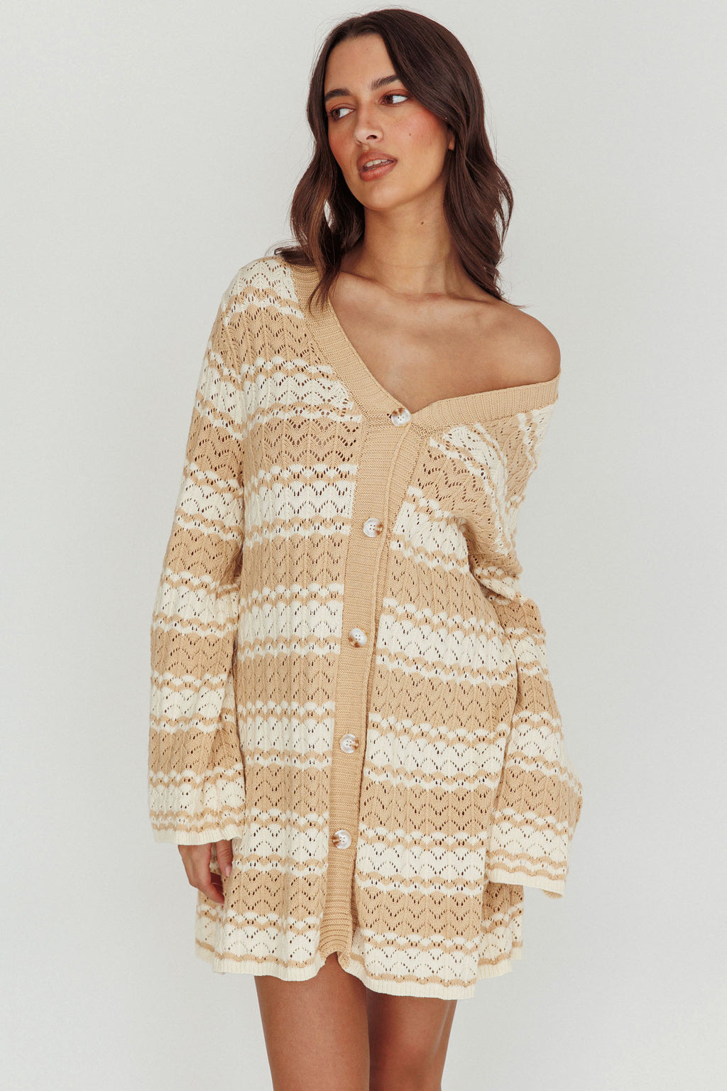 Maysah Button-Up Knit Shirt Dress Nude Ivory by Selfie Leslie