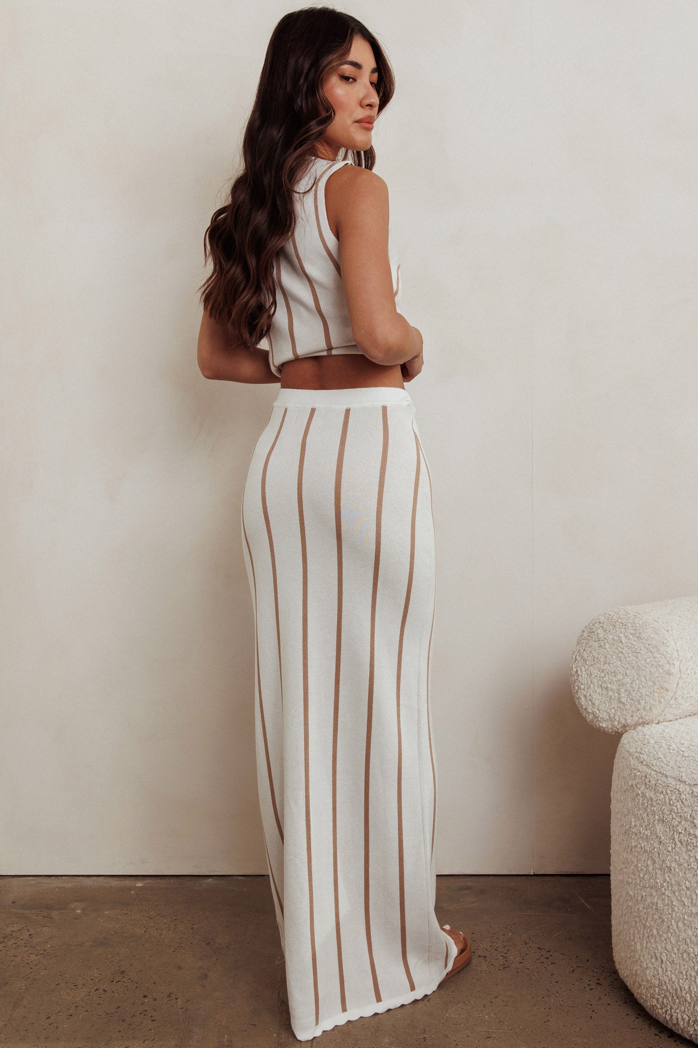 Aster Striped Maxi Knit Skirt Beige by Selfie Leslie