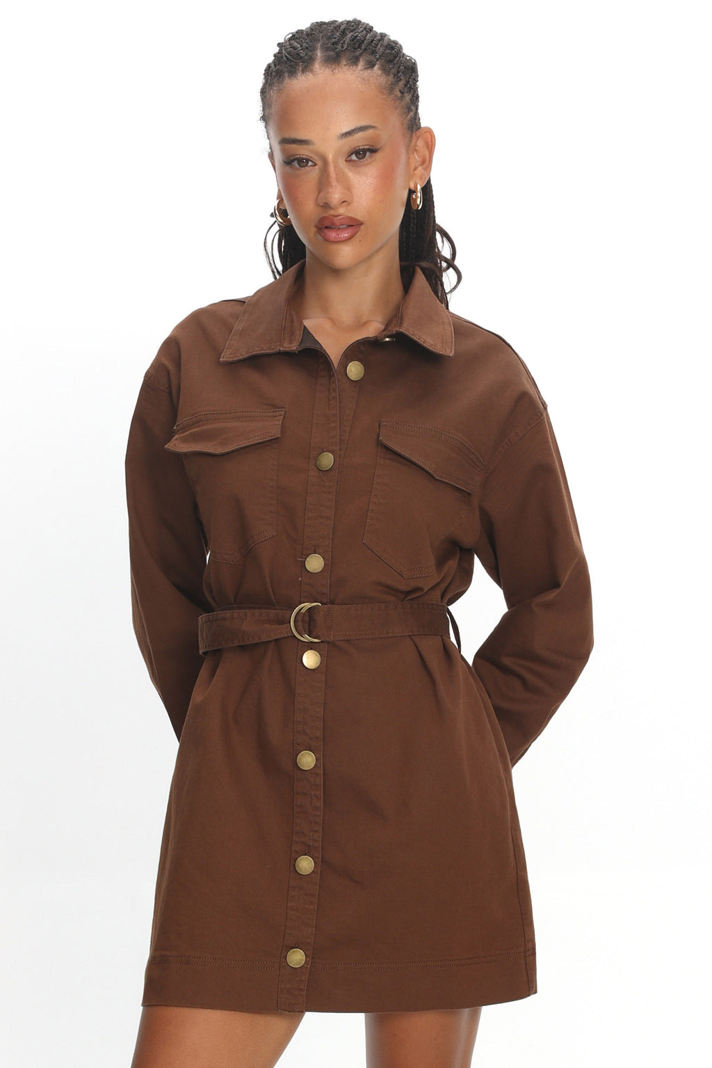 Mariska Collared Long Sleeve Mini Dress Chocolate