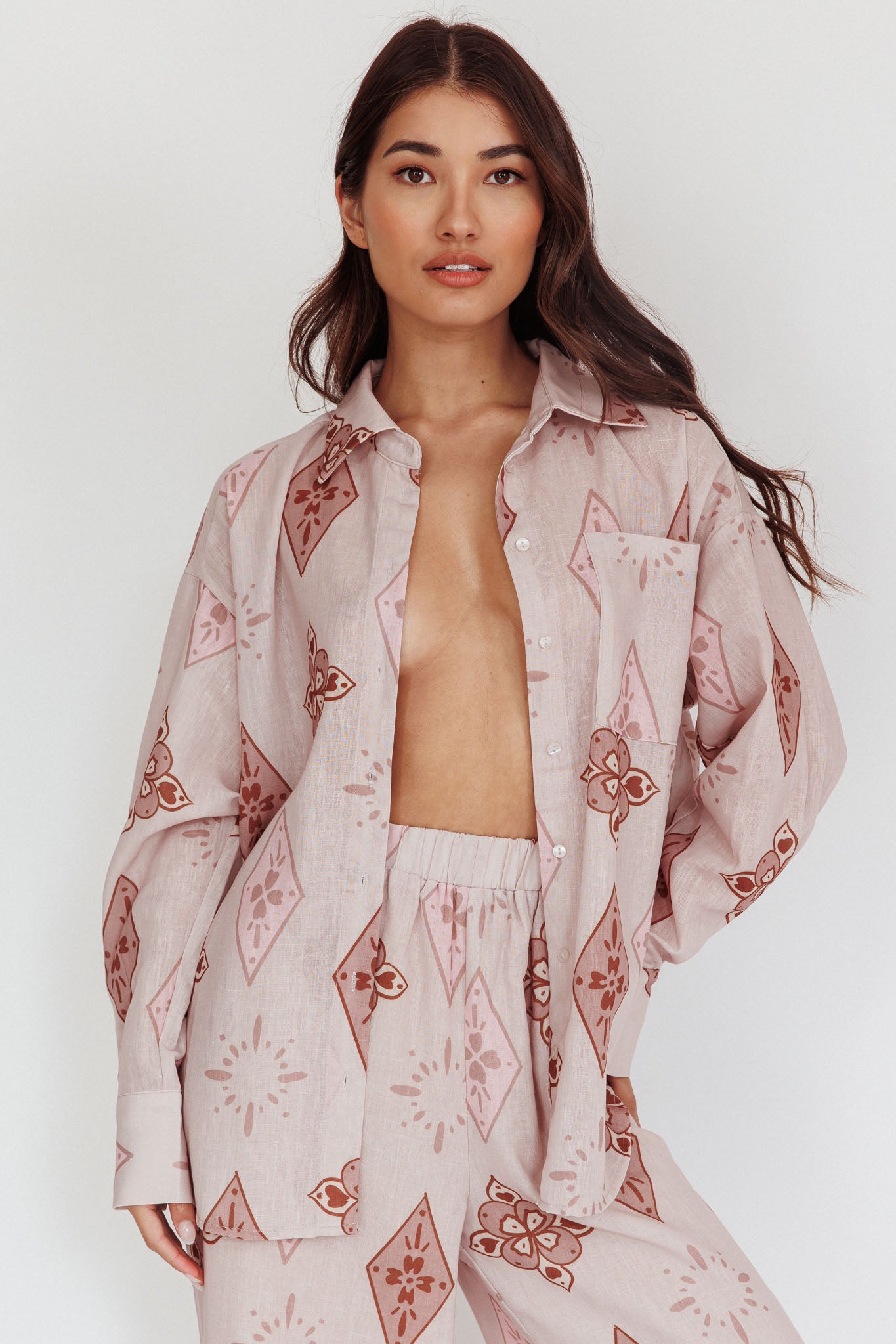 Alex Motif Collared Buttoned Shirt Mocha by Selfie Leslie