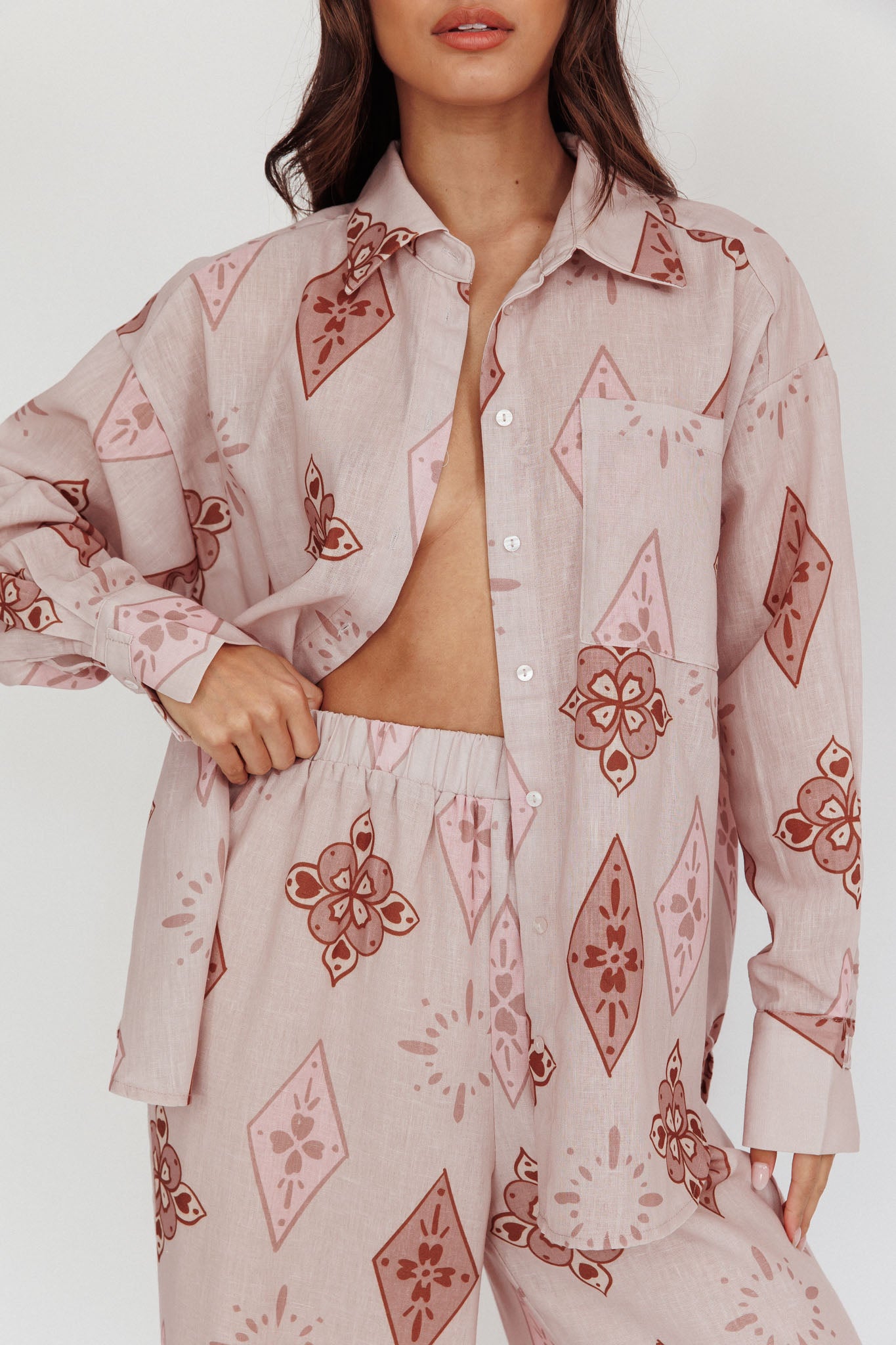 Alex Motif Collared Buttoned Shirt Mocha by Selfie Leslie
