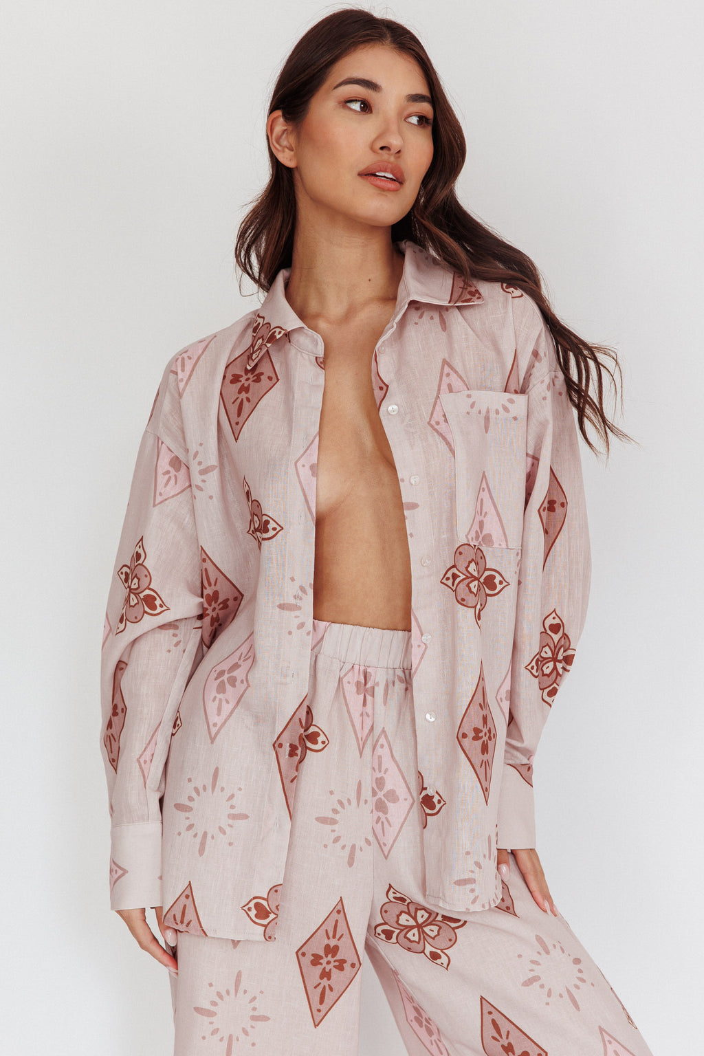 Alex Motif Collared Buttoned Shirt Mocha by Selfie Leslie