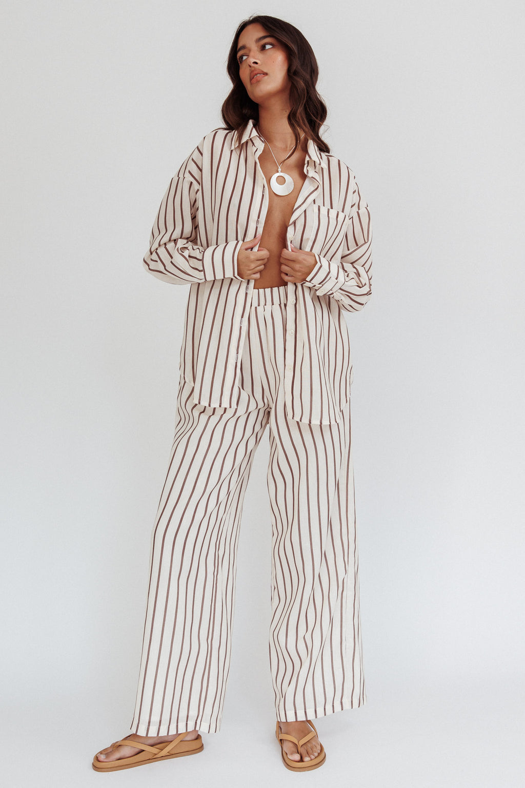 Alex Elastic Waist Pants Stripe Latte by Selfie Leslie