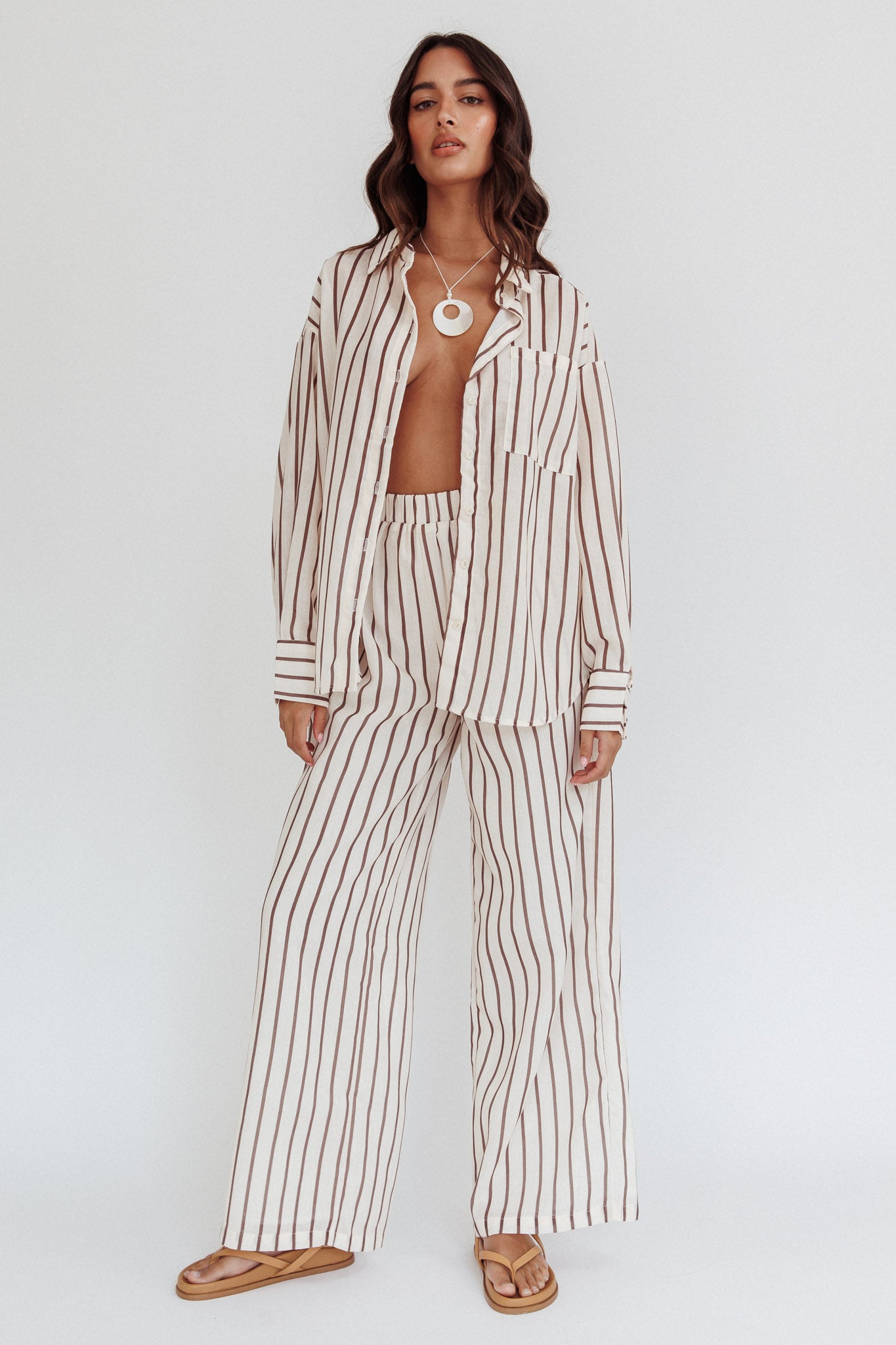 Alex Elastic Waist Pants Stripe Latte by Selfie Leslie