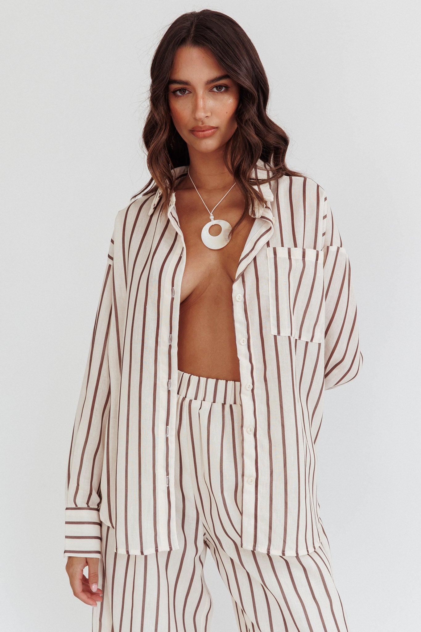 Alex Long Sleeve Shirt Stripe Latte by Selfie Leslie