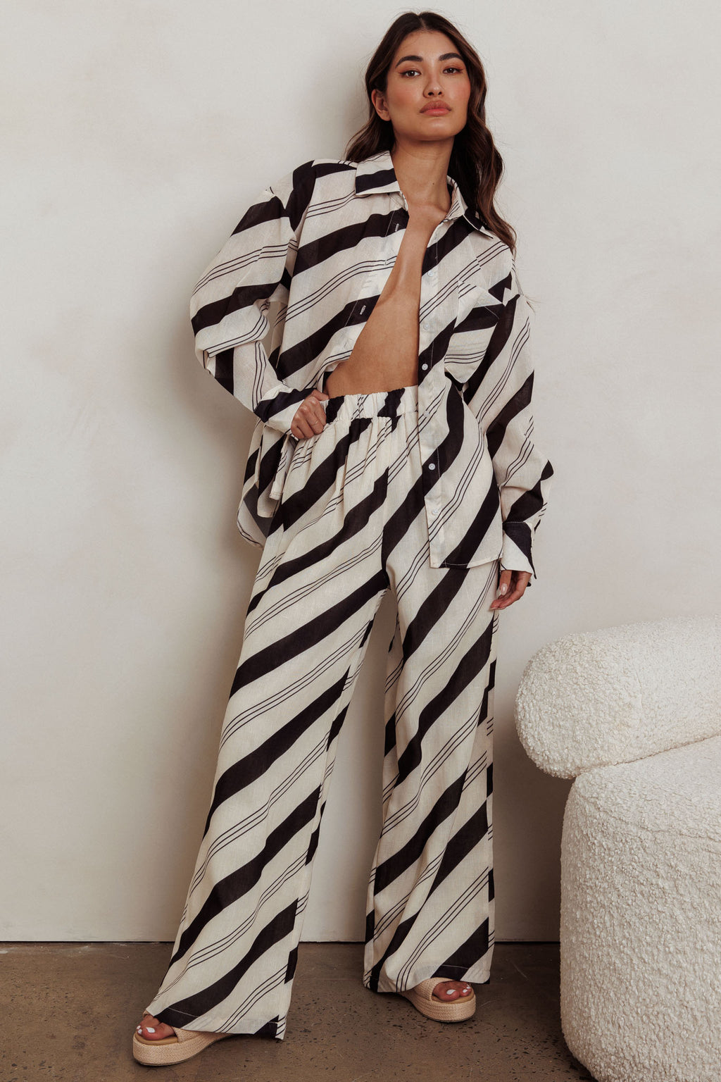 Alex Elastic Waist Striped Print Pant Black/Cream by Selfie Leslie