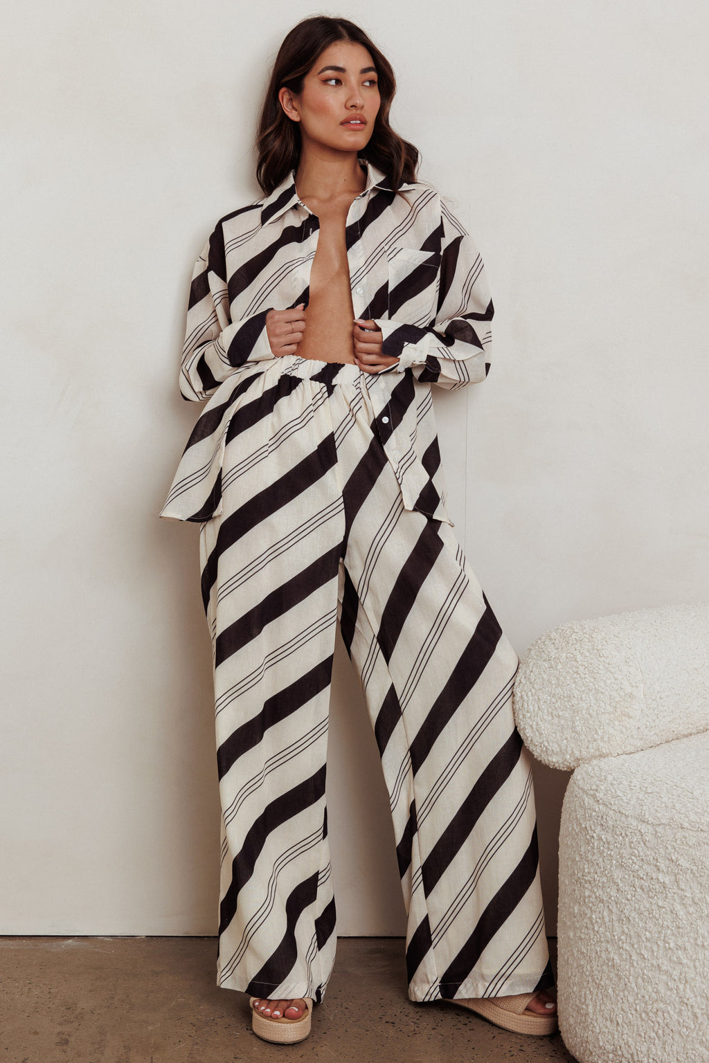 Alex Elastic Waist Striped Print Pant Black/Cream by Selfie Leslie