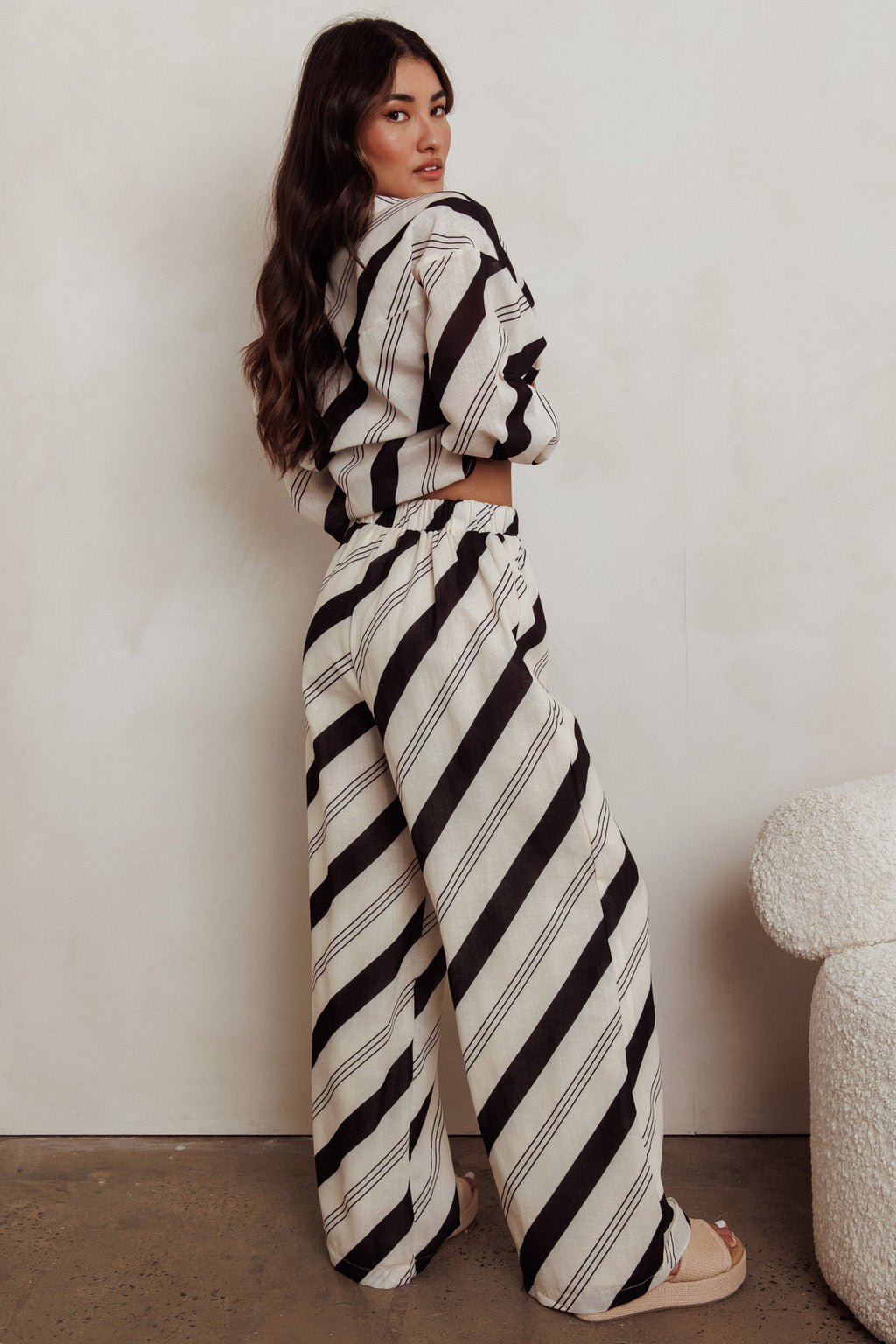 Alex Elastic Waist Striped Print Pant Black/Cream by Selfie Leslie