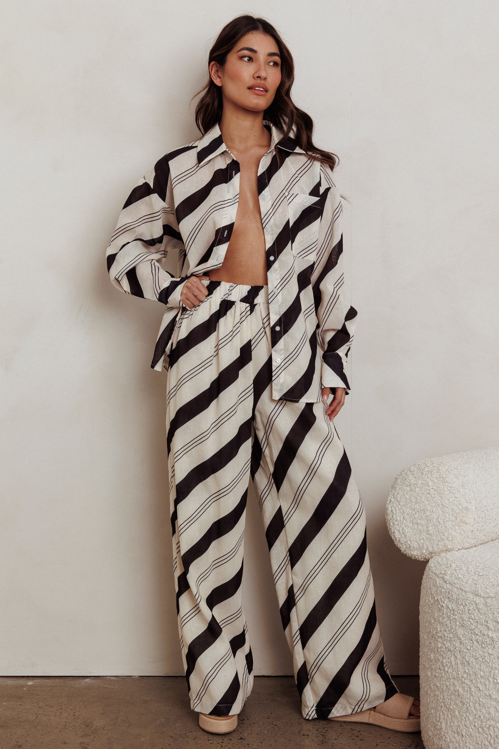 Alex Elastic Waist Striped Print Pant Black/Cream by Selfie Leslie