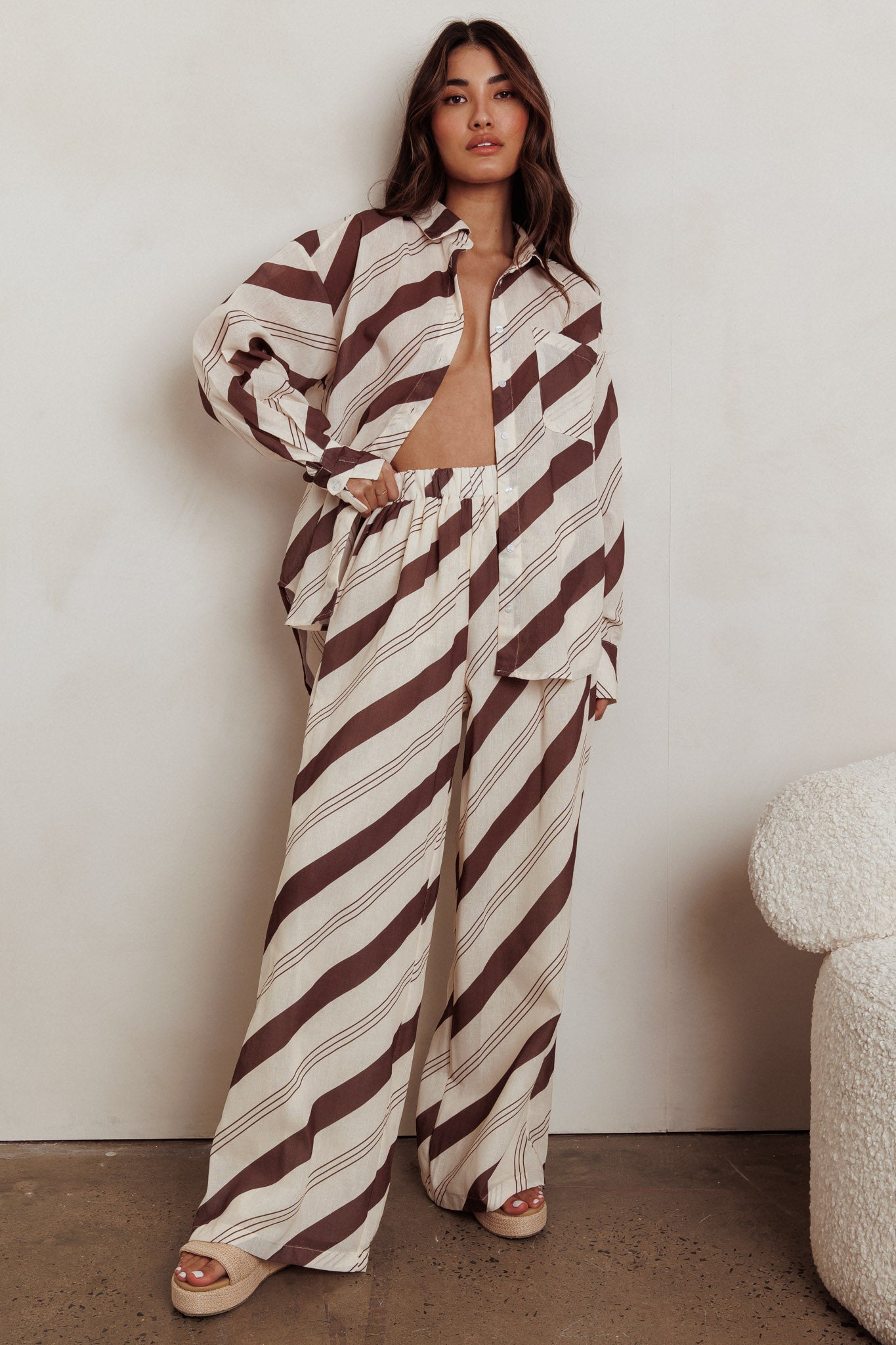 Alex Elastic Waist Striped Print Pant Cream/Cacao by Selfie Leslie
