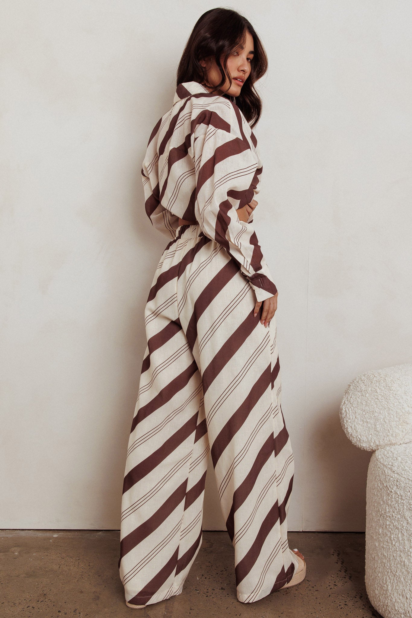 Alex Elastic Waist Striped Print Pant Cream/Cacao by Selfie Leslie