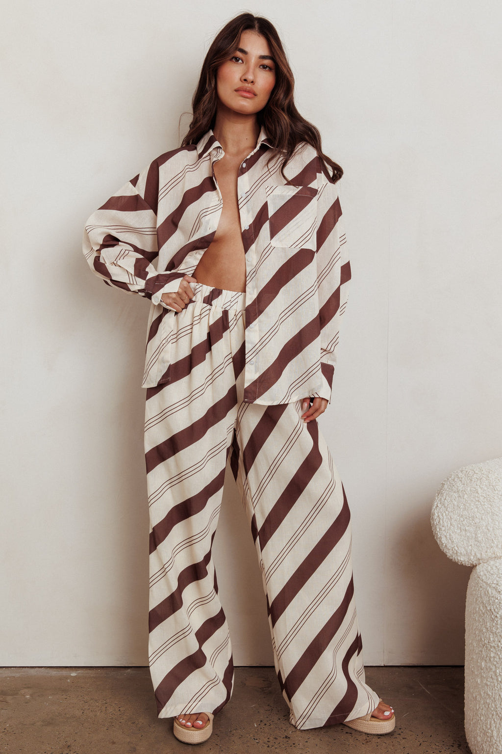 Alex Elastic Waist Striped Print Pant Cream/Cacao by Selfie Leslie