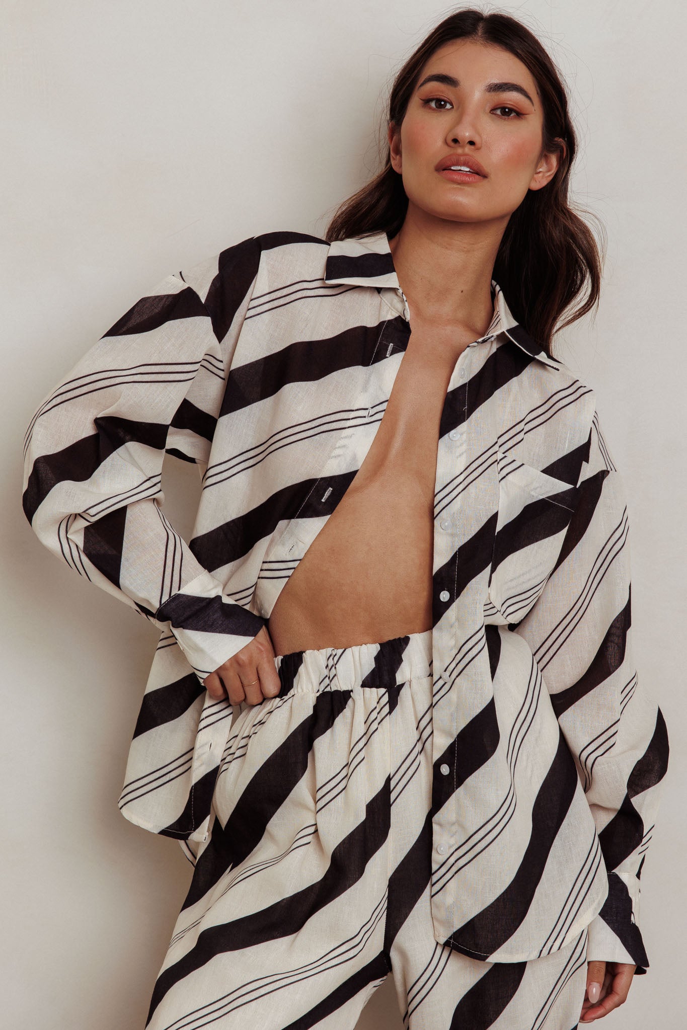 Alex Long Sleeve Striped Print Shirt Black/Cream by Selfie Leslie