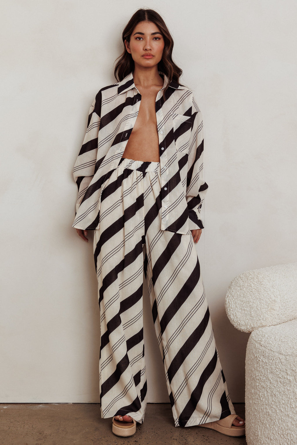 Alex Long Sleeve Striped Print Shirt Black/Cream by Selfie Leslie