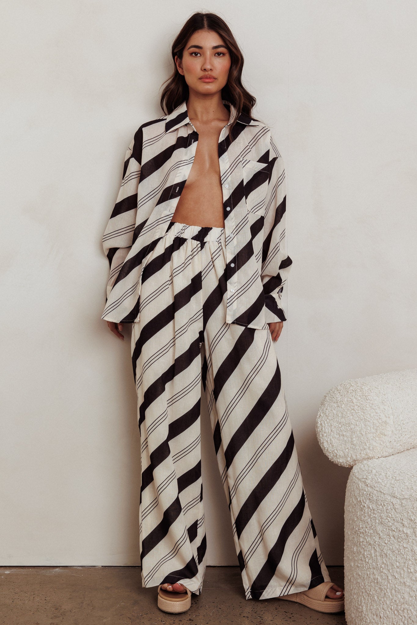 Alex Long Sleeve Striped Print Shirt Black/Cream by Selfie Leslie