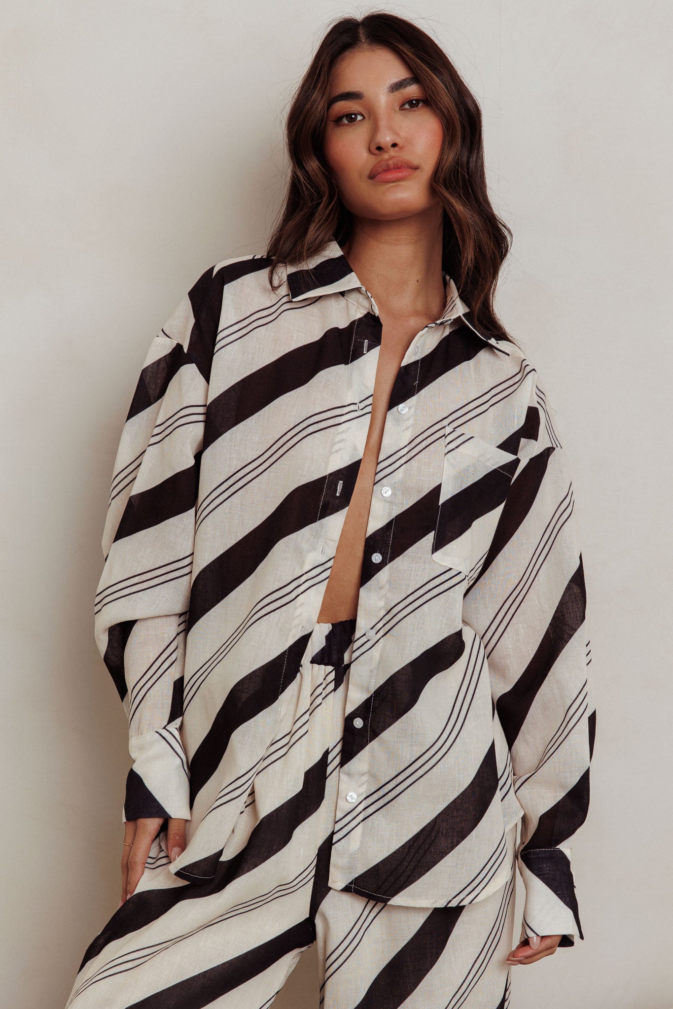 Alex Long Sleeve Striped Print Shirt Black/Cream by Selfie Leslie