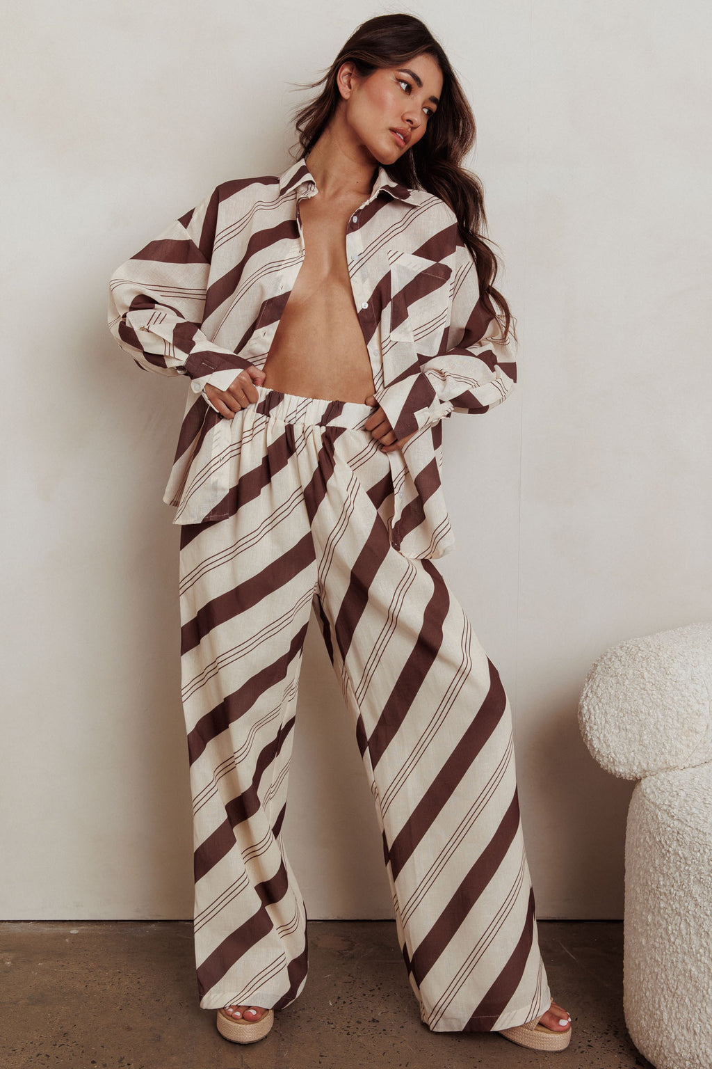 Alex Long Sleeve Striped Print Shirt Cream/Cacao by Selfie Leslie