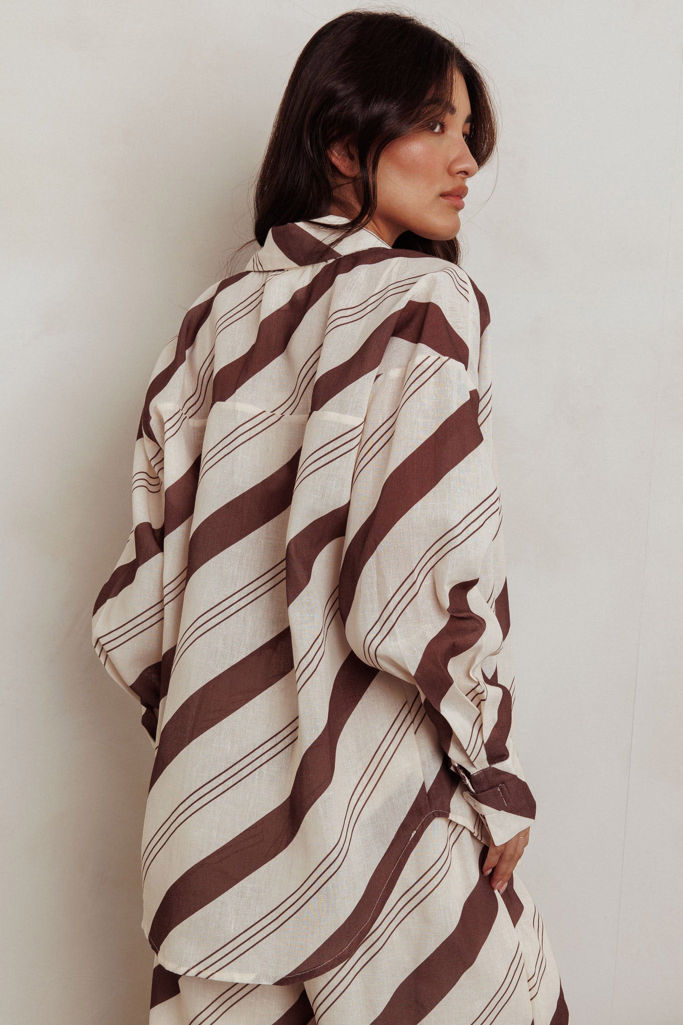 Alex Long Sleeve Striped Print Shirt Cream/Cacao by Selfie Leslie