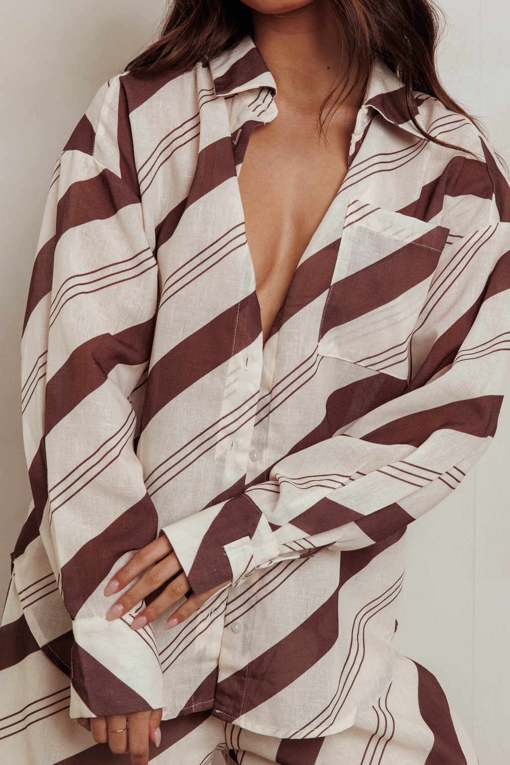 Alex Long Sleeve Striped Print Shirt Cream/Cacao by Selfie Leslie
