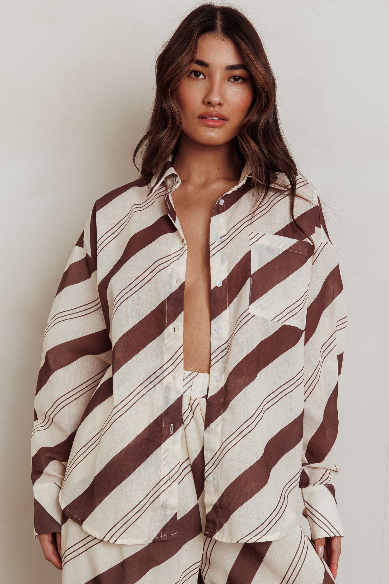 Alex Long Sleeve Striped Print Shirt Cream/Cacao by Selfie Leslie
