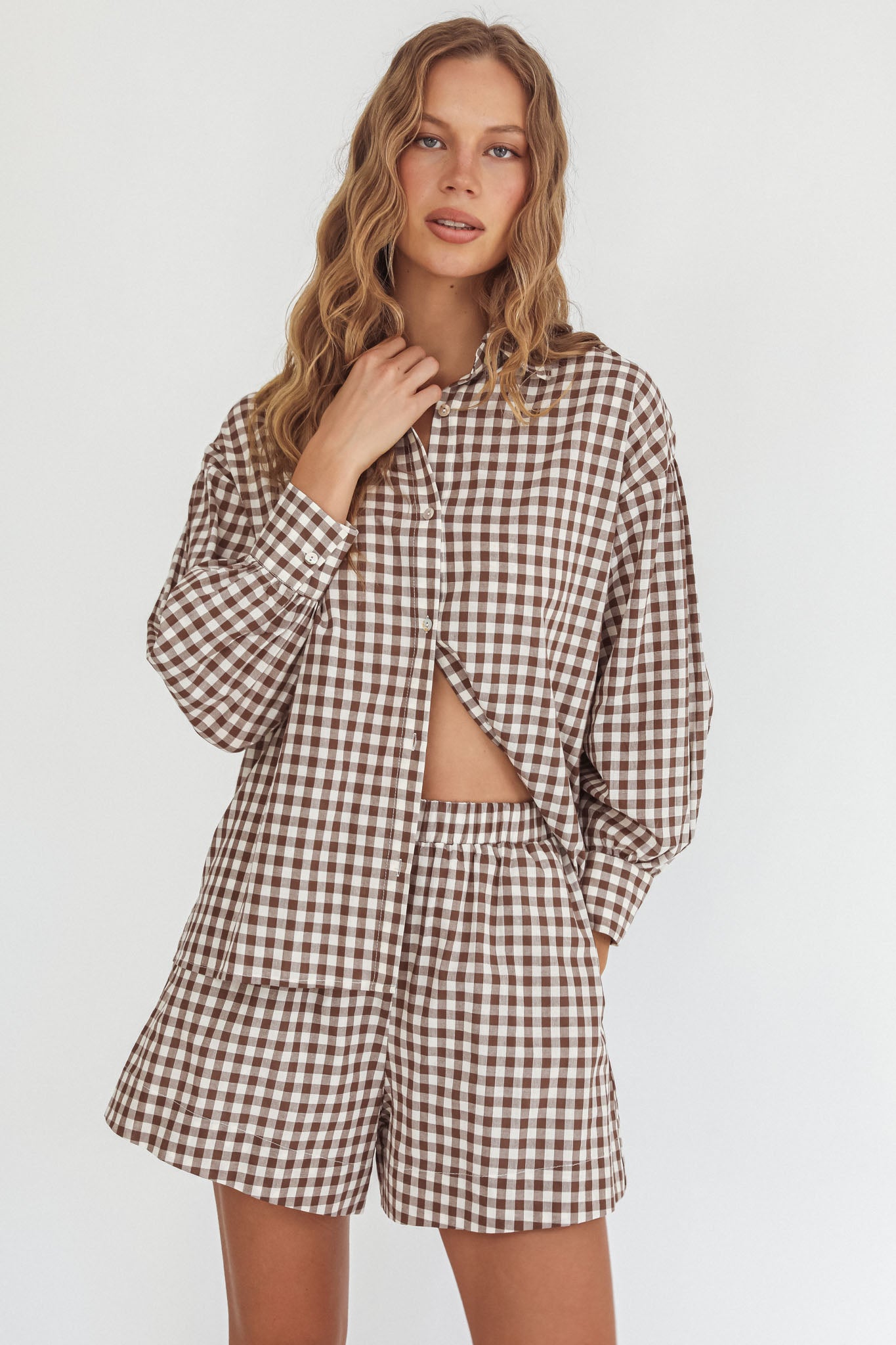 Weekends Away Elastic Waist Shorts Brown Check by Selfie Leslie