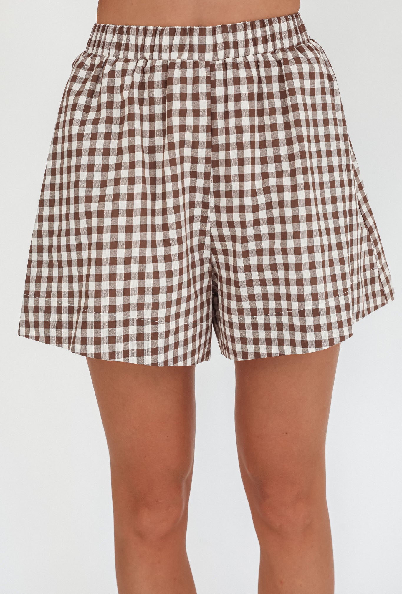 Weekends Away Elastic Waist Shorts Brown Check by Selfie Leslie