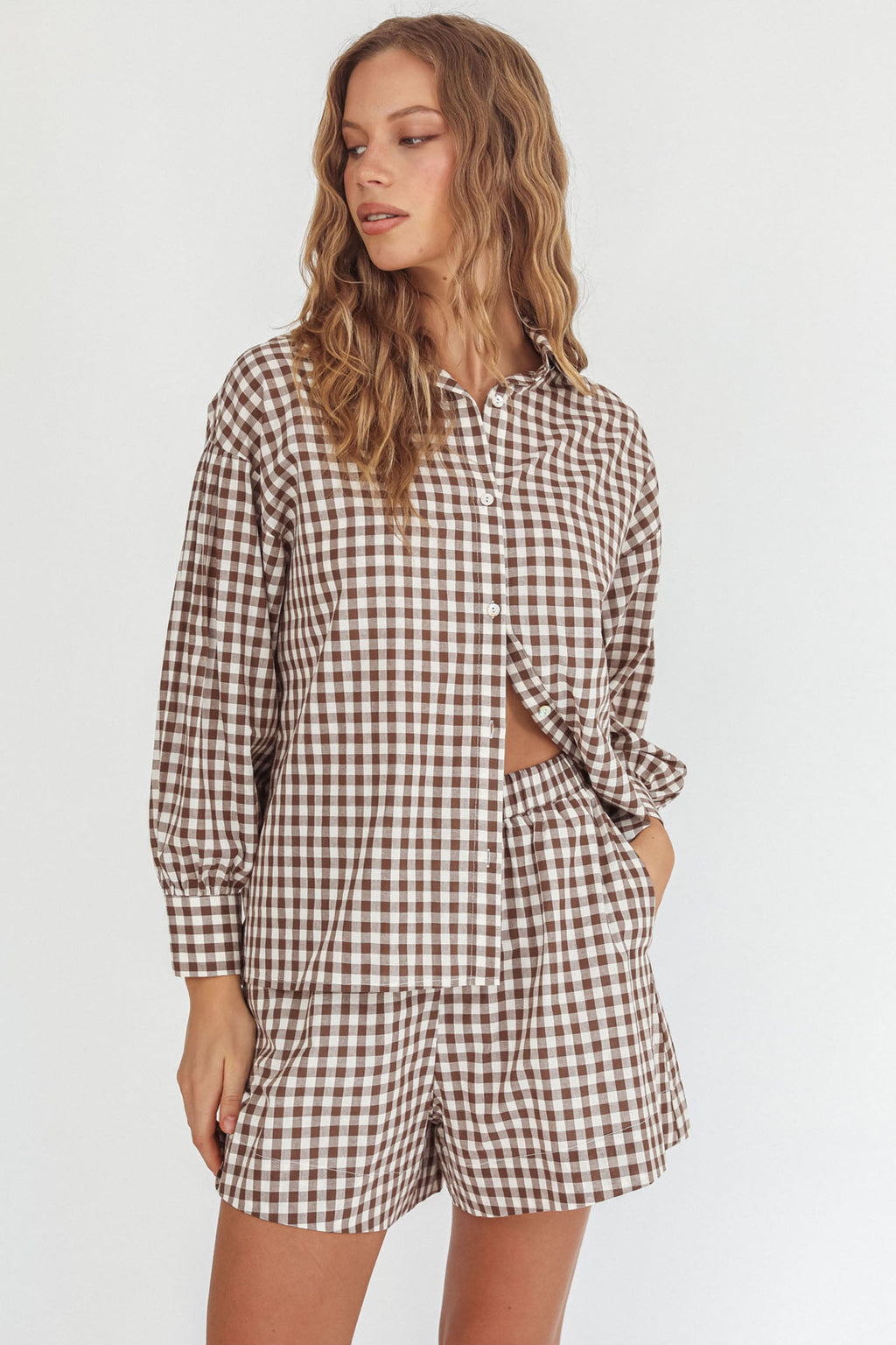 Weekends Away Elastic Waist Shorts Brown Check by Selfie Leslie