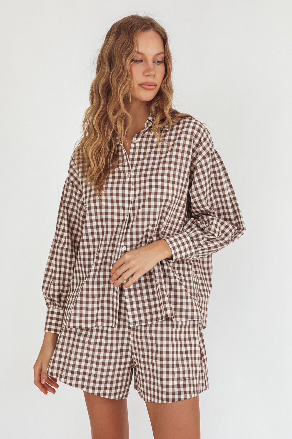 Weekends Away Long Sleeve Button Top Brown Check by Selfie Leslie